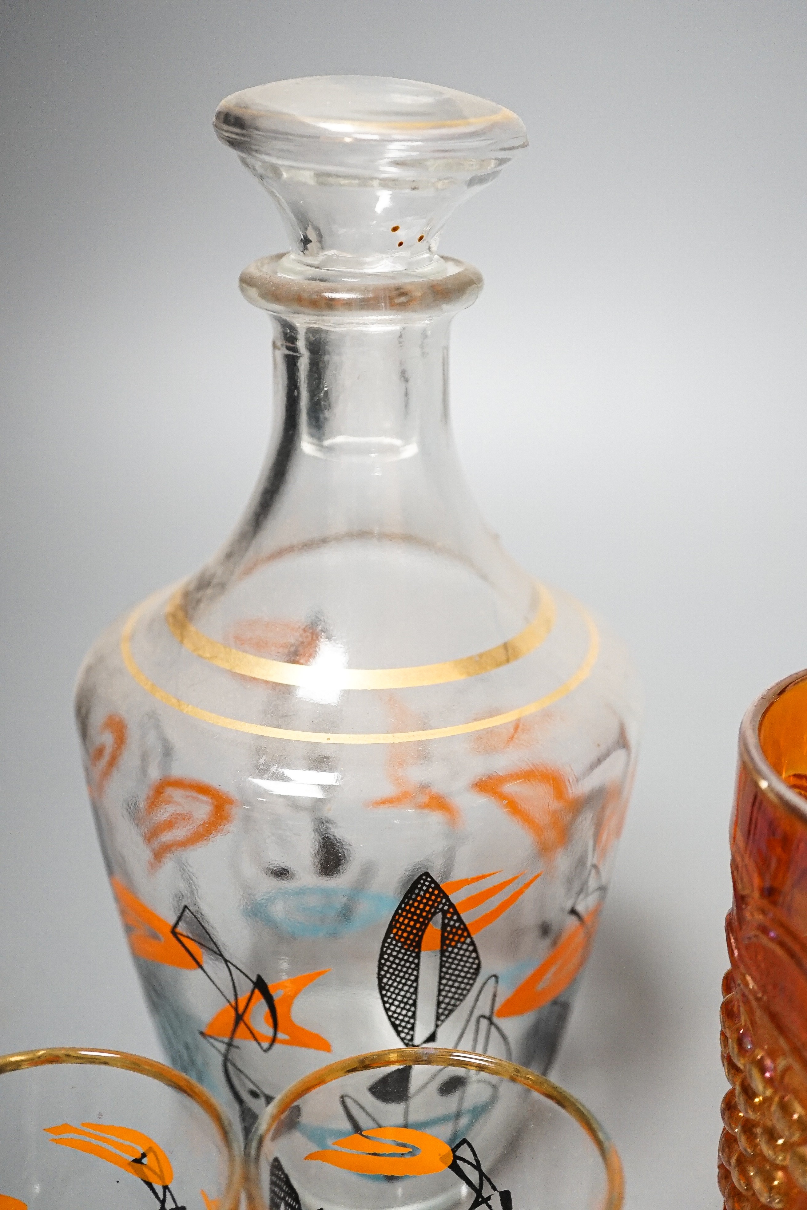 A pair of opaque twist cordial glasses with floral engraved bowls, 14cm and sundry glassware